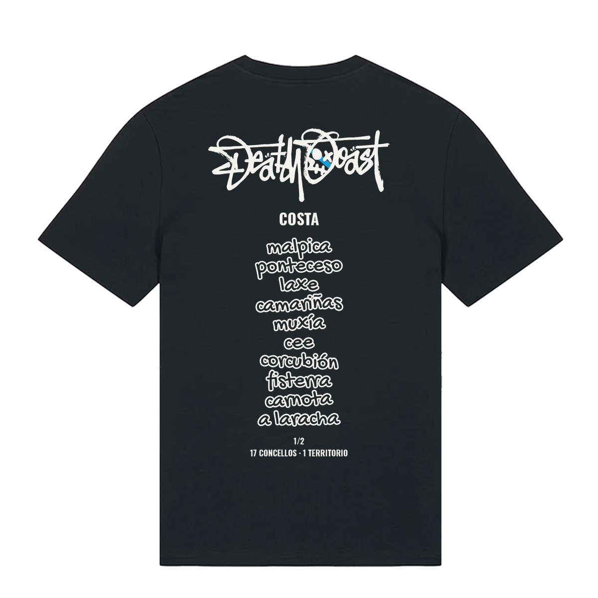 Camiseta SOESTO negra, espalda: Gundar y los 10 concellos de la costa