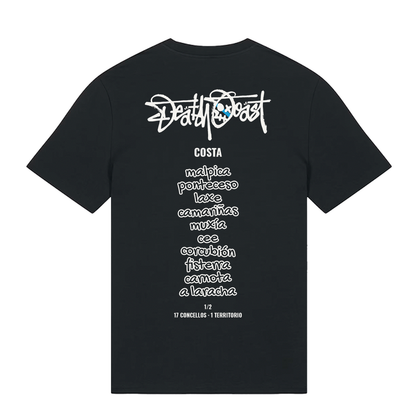 Camiseta SOESTO negra, espalda: Gundar y los 10 concellos de la costa
