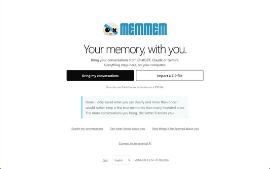 MEMMEM app - trae tus conversaciones de ChatGPT, Claude o Gemini