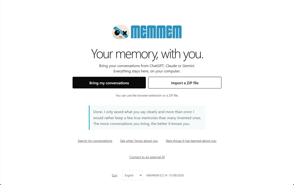 MEMMEM app - trae tus conversaciones de ChatGPT, Claude o Gemini